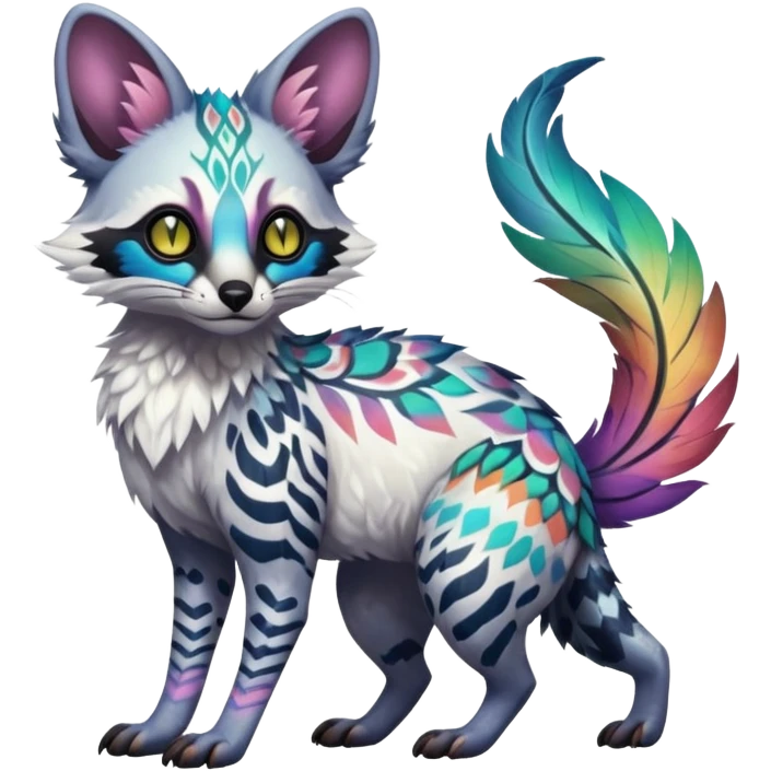 Rare iridescent white exotic epic aesthetic colorful Trico-Genet-species-Fakemon-hybrid-creature, with intricate tattoo markings, full body emoji