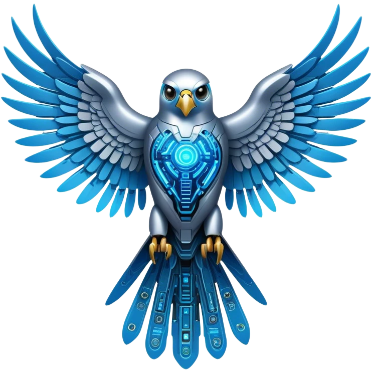 The Cybernetic Falcon
A high-tech falcon with holographic wings resembling circuit boards.
Symbolizes speed, intelligence, and vision—like AI navigating the future.
Neon-blue eyes and accents, showing its connection to decentralized tech. emoji
