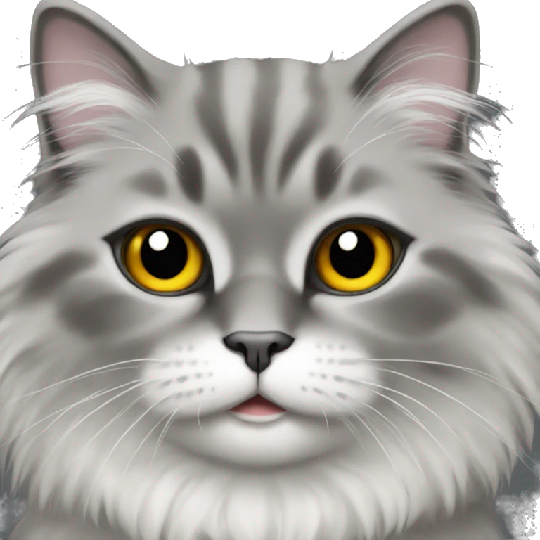 grey fluffy cat, white belly, black feet emoji