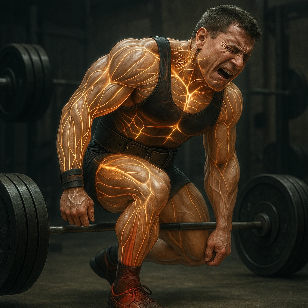 Powerlifter in competition clothing, muscles and nerves highlighted with glow effect, reddened and partially injured Achilles tendon, expression of pain, anatomical details, gym background emoji