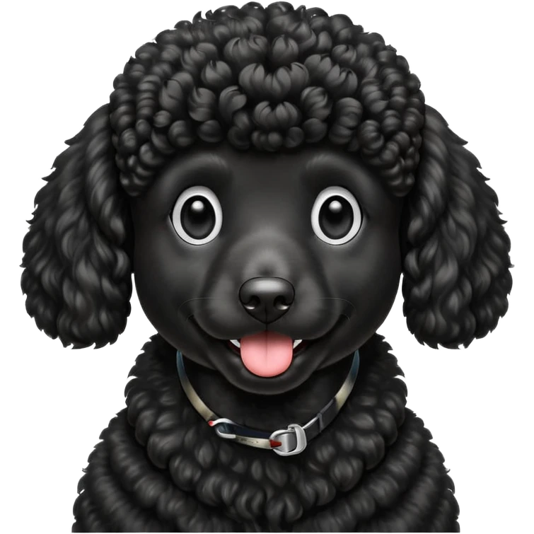 A high-resolution digital illustration of a black poodle in a clean, semi-realistic style. The poodle is shown from the chest up, facing forward with a slight tilt of the head to the left, tongue out playfully. emoji