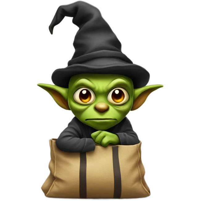 Goblin with a loot bag wearing hat for his eyes not to be seen emoji