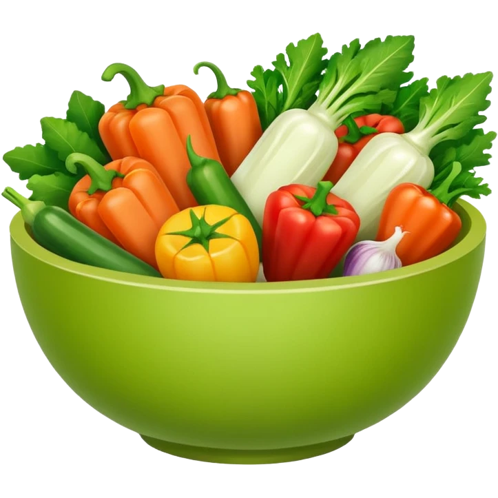 Healthy home cooking humanless avatar in clean style vibrant illustration. Fresh vegetables bowl, green tones, simple shapes, flat design, friendly and light. emoji