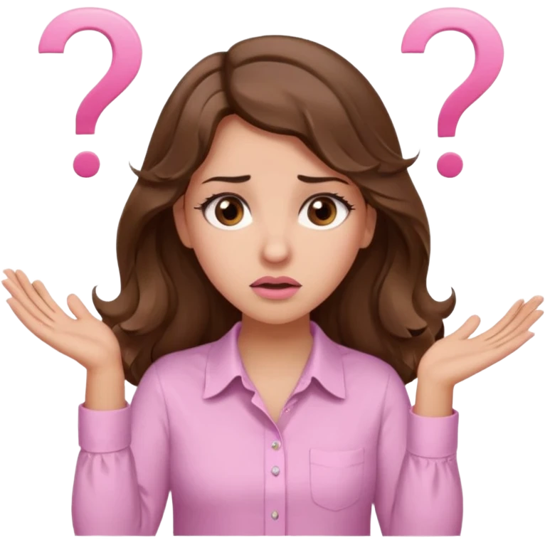 girl with wavy long brown hair, brown eyes, light to medium complexion, long lashes, light pink lipstick, wearing light pink shirt, shrugging with both hands, confused, question mark emoji