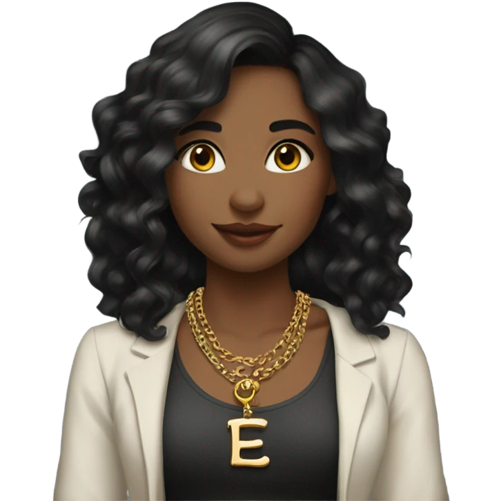 a girl with BLACK long wavy hair, wearing a letter E necklace, shes wearing elegant clothes and jewelry with natural makeup  emoji