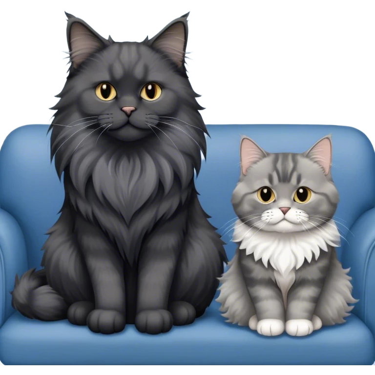 A large black smoke Maine Coon cat with long grey ear tufts and a fluffy grey ruff, sitting next to a chubby British Shorthair cat in blue color with plush fur, both sitting comfortably on a sofa. Beautiful room background with flowers and soft lighting. Transparent background. emoji