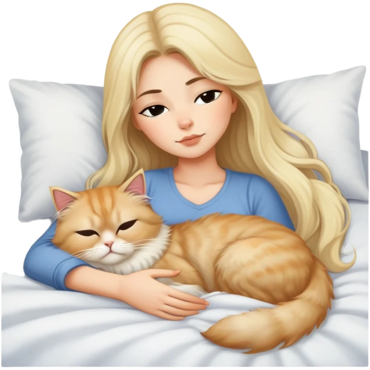 pretty girl with dark long hair sleeping with blonde fluffy  persian cat in bed emoji
