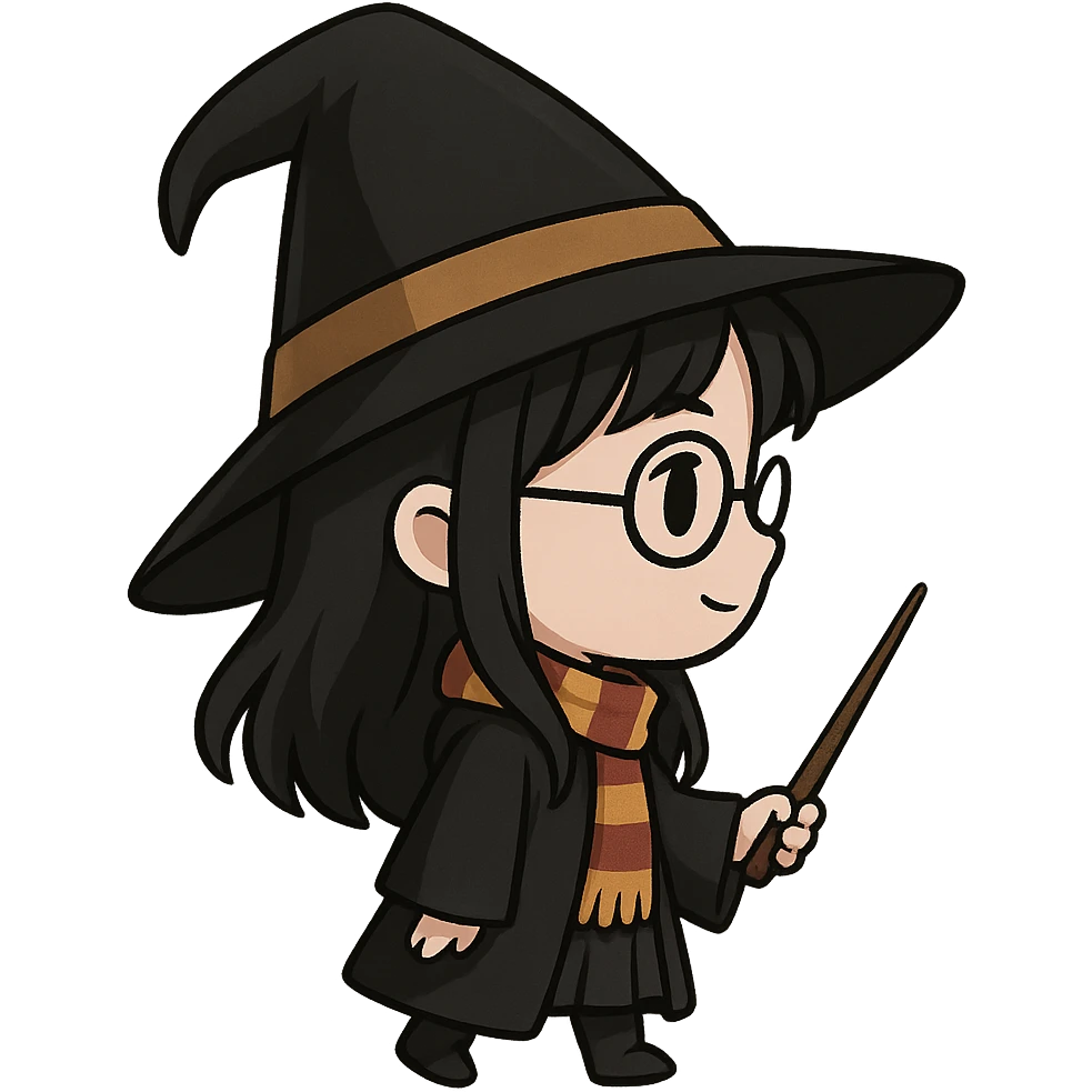 A cute witch with black hair and black eyes, Harry Potter style, facing right. emoji