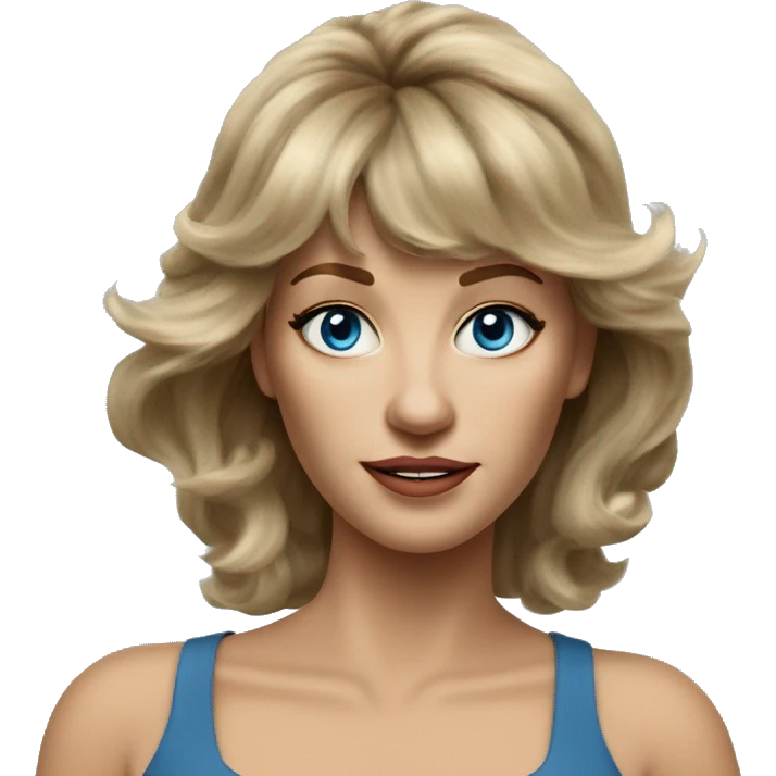 Medium length Dirty blonde voluminous hair with bangs all across forehead and sides swept away from face woman of 60 with blue eyes  emoji