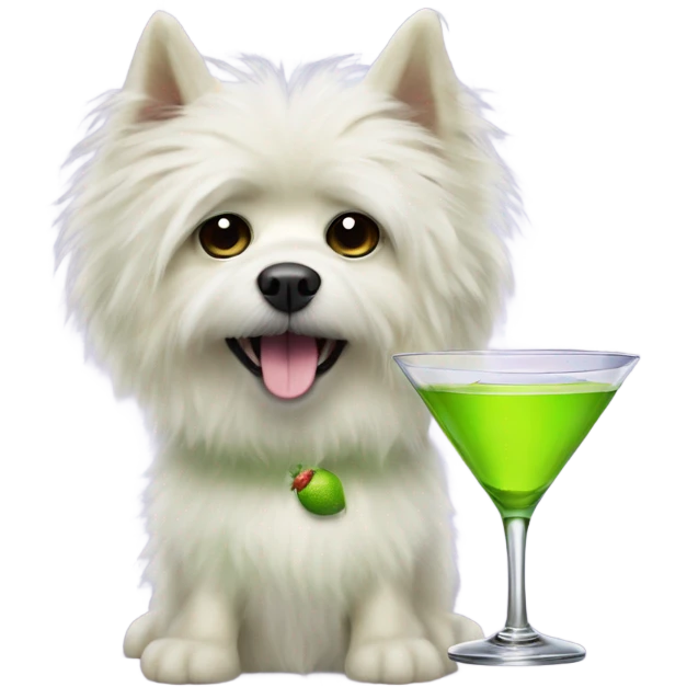 lime green fluffy dog with pointy ears with a martini emoji