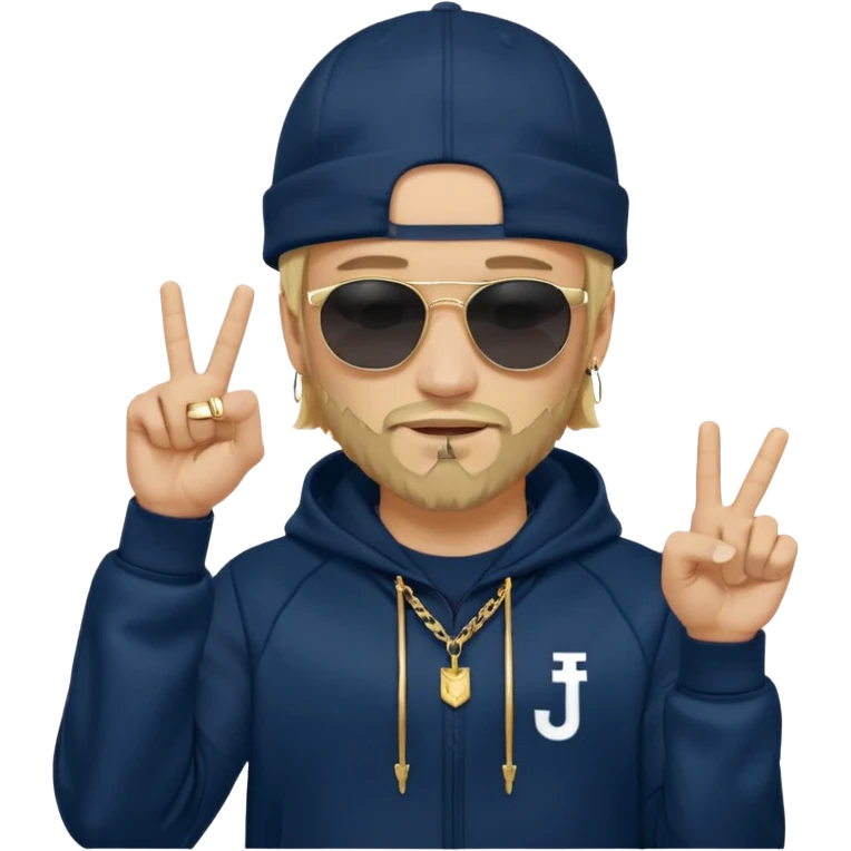 The French rapper Jul. Light skin, trimmed beard, dark navy tracksuit with hood, backwards cap, black sunglasses. Blond hair. both index and middle fingers pointing downward, forming a "J and L" shape. Gold chain and a smirk. Look evoke a Marseille urban vibe. emoji