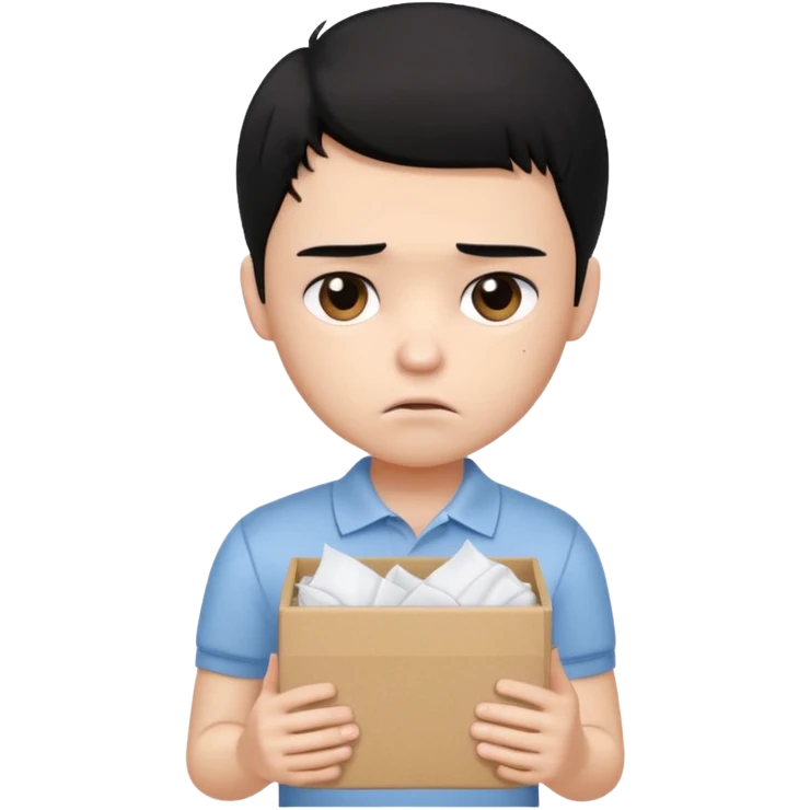 generate a pretty bratz boy with black hair, wearing a plain white polo shirt. Looking sad, holding a box of tissues in his right hand emoji