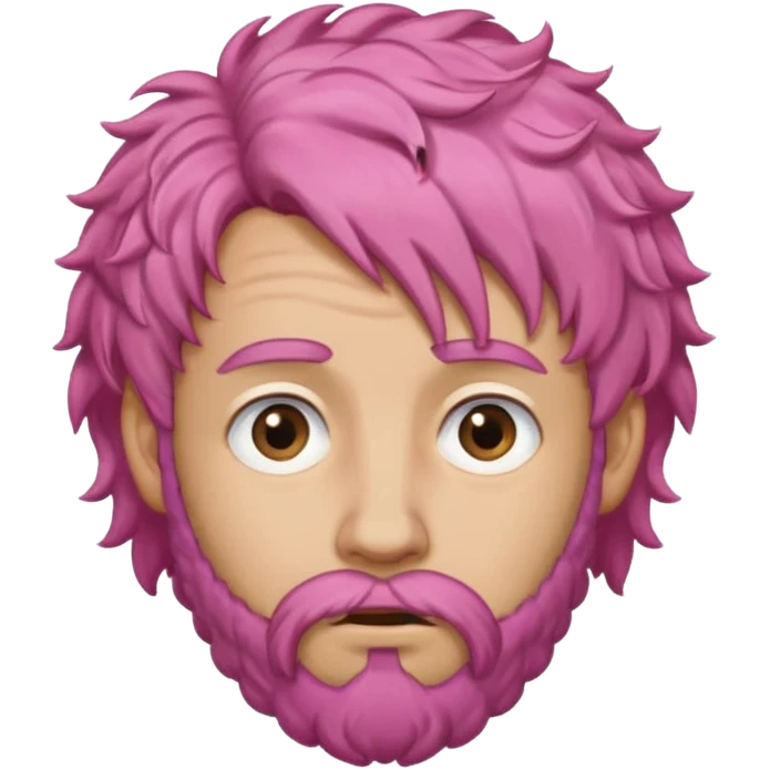 A light-skinned man with moderately curly pink hair, brown eyes, a brown beard, and a slightly uneasy expression. emoji