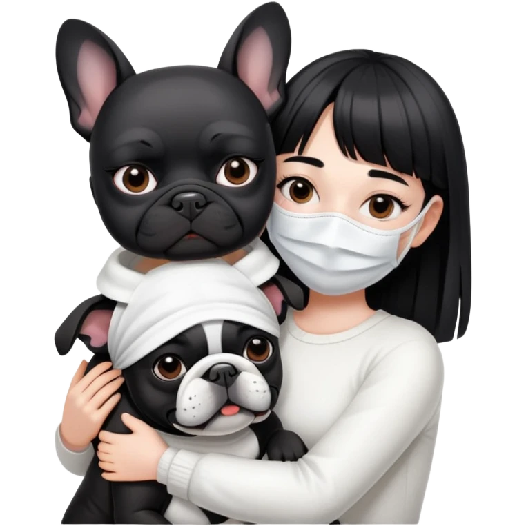 girl with short black straight bangs hair wearing a white mask and hugging a black French bulldog emoji