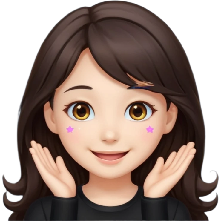 kawaii streamer girl, brunette, brown eyes, long dark hair, black outfit, smiling, sparkling eyes, blushing cheeks, happy expression, small stars around, emoji icon emoji