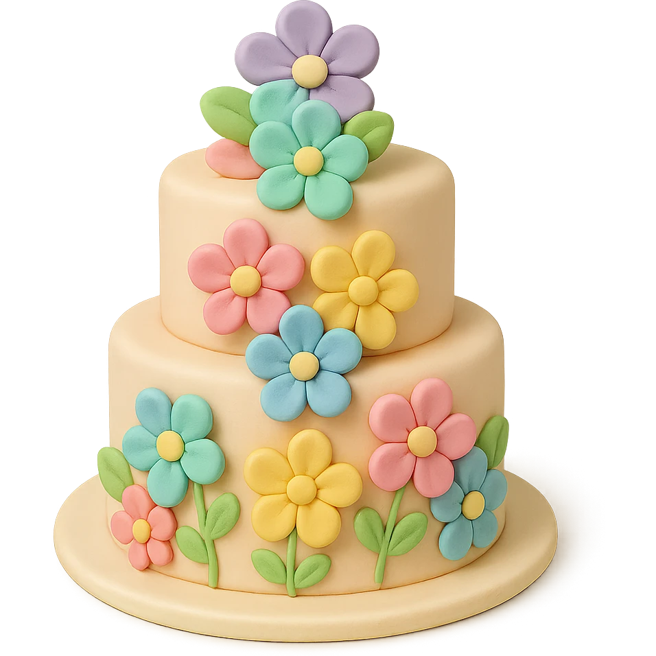 tiered fondant cake with rainbow flowers emoji