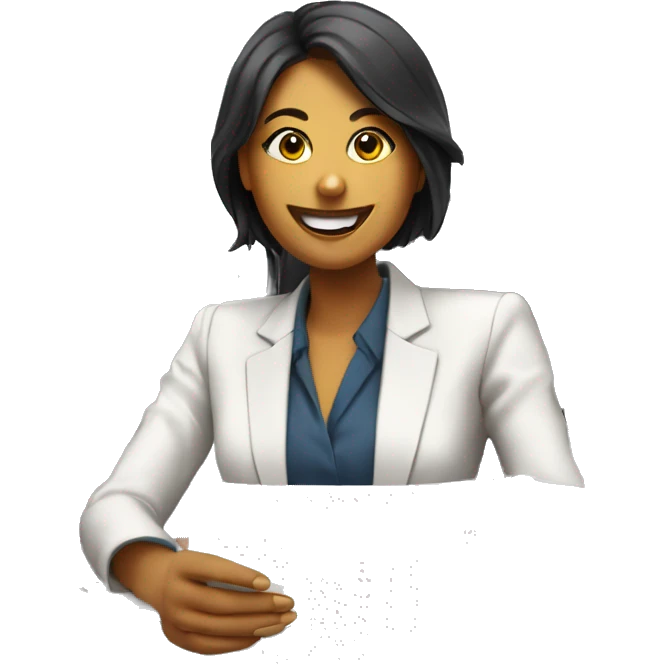 generate a smile of a woman in a business suit sitting at a computer and a pile of papers on the table emoji