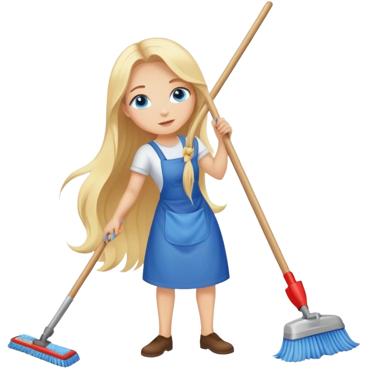 Cinematic realistic blonde with long hair, blue eyes cleans floors emoji