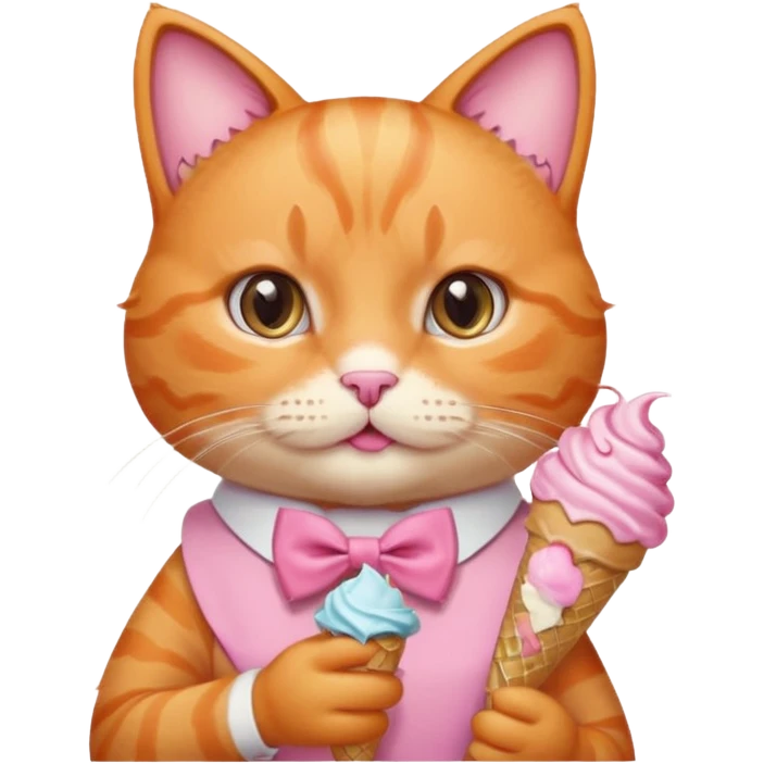 گربه ای نارنجی که لباس و پاپیون صورتی تنشه و پاپیون صورتی رو سرشه بستنی دستشه emoji