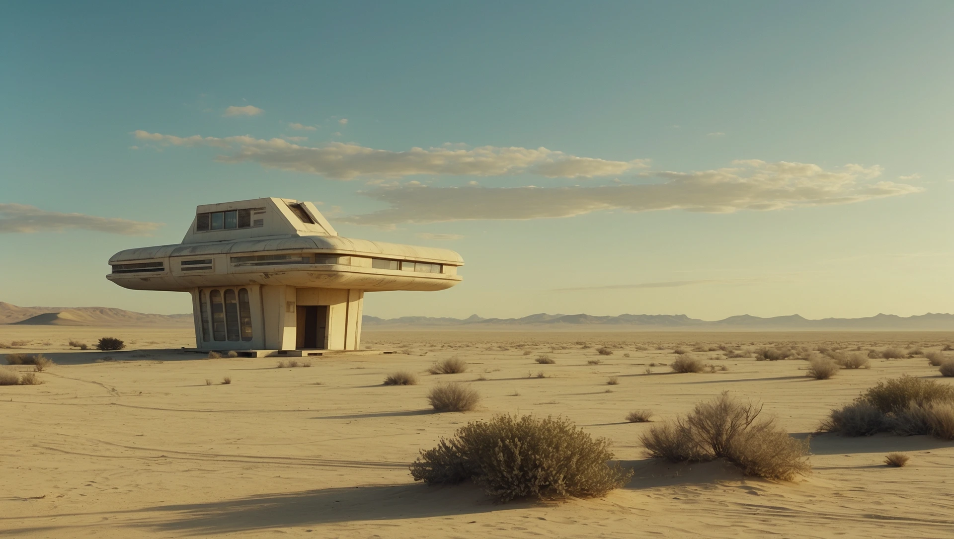 Cinematic still from 1990s Retro Space movie, film called Retro Futurism, Establishing scane showing desert with single small abandon futuristic bulding, big landscape in background showing loneliness emoji