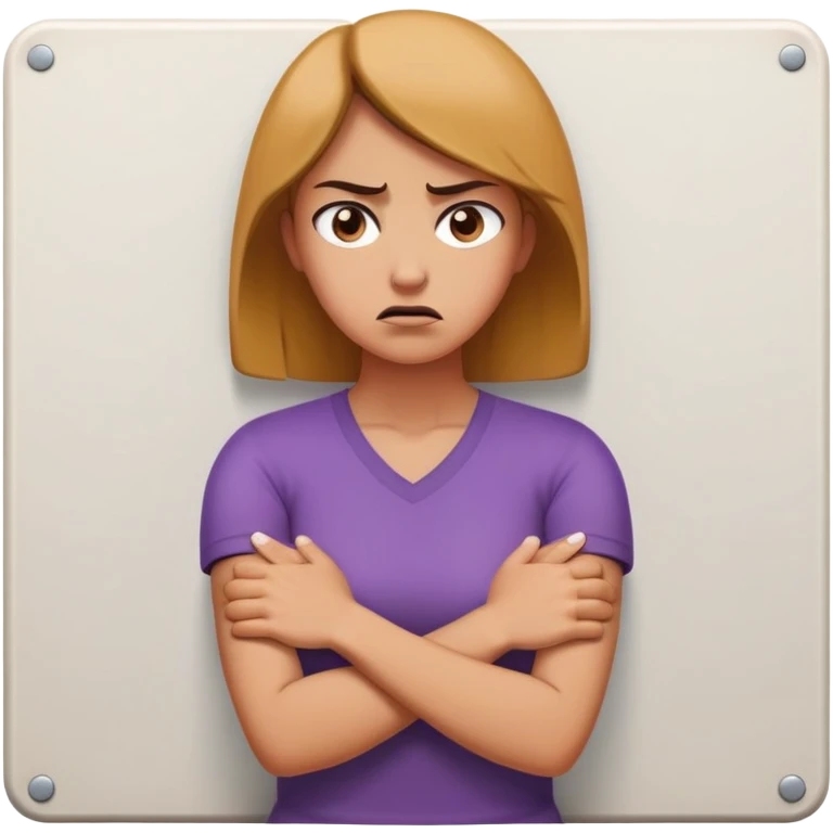 woman with avoidant attachment style with angry expression, arms firmly crossed creating barrier, body turned slightly away showing emotional distance, dismissive cold eyes, small wall or barrier symbol nearby emoji