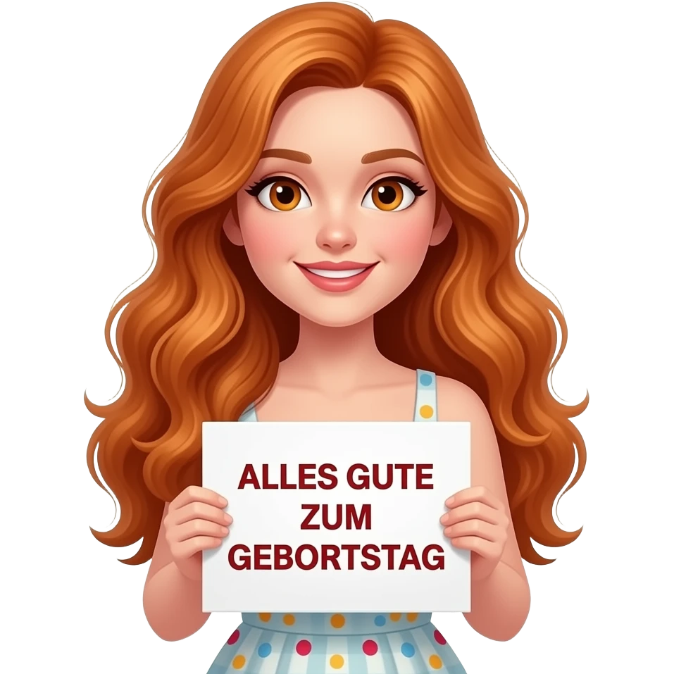 sexy girl with long wavy ginger hair and ginger eyes wearing a birthday dress is holding a white colored sign with ALLES GUTE ZUM GEBURTSTAG written on it emoji
