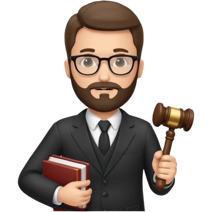 Create a male lawyer. he is wearing a fromal suit jckeret. He is holding a gavel in one hand and a book tucked under his another arm. He has beard and glasses emoji