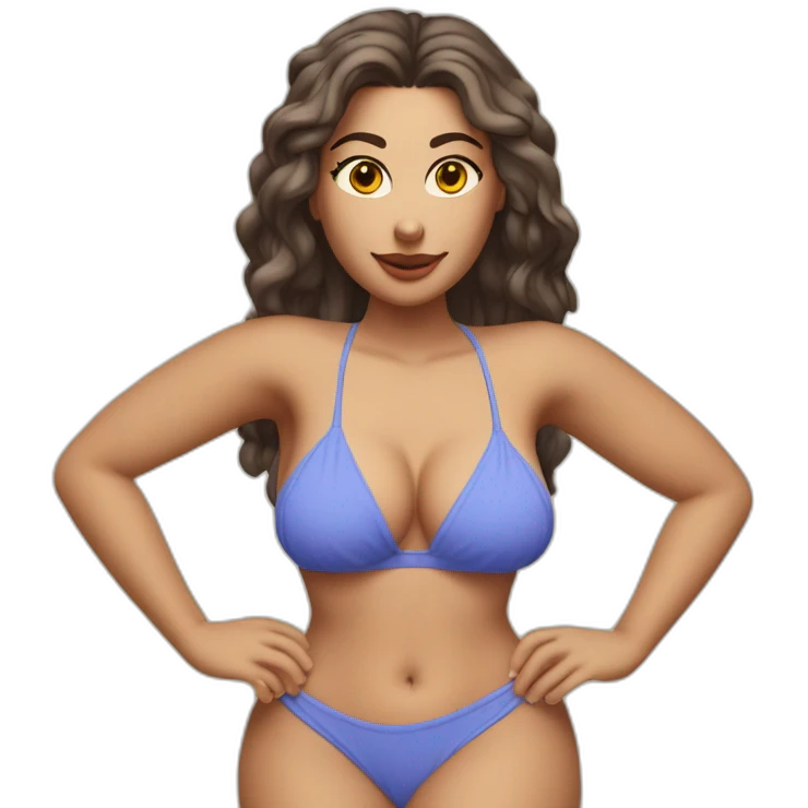 Slim-thicc Caucasian woman blues eyesbikini hands-in-hair pose (beach body) full body emoji