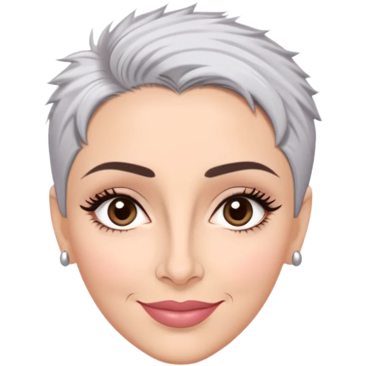 Puerto Rican actress Marian Pabón with elongated face, light pinkish skin, almond-shaped expressive eyes, straight nose, well-defined lips with wide smile, arched eyebrows, pronounced cheekbones, short spiky gray hair like a man's cut emoji