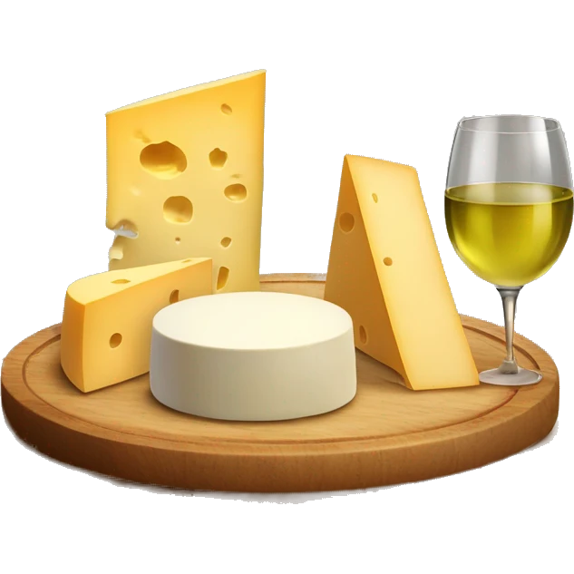 Wooden plate with different types of cheese and a glass filled with white wine  eat the plate  emoji