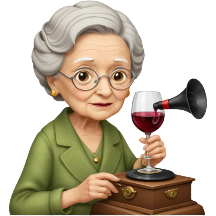 old lady with wineglass listening to gramophone emoji