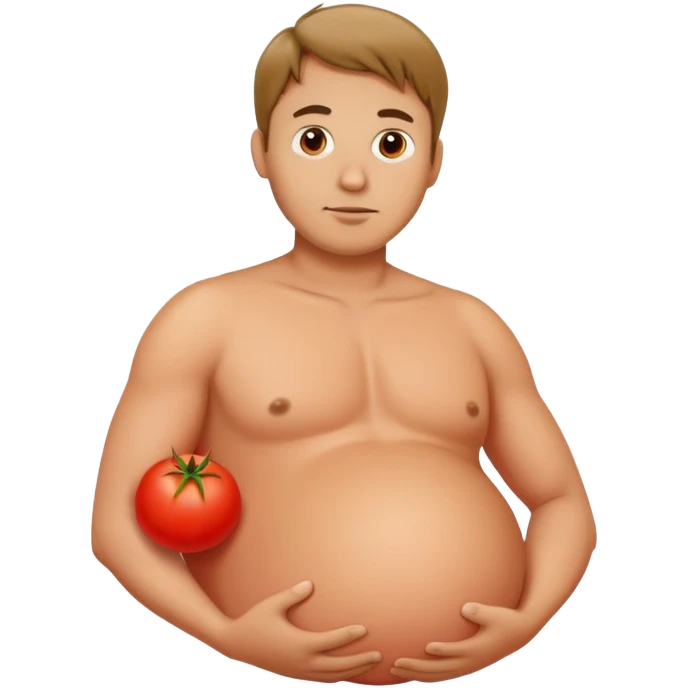 very pregnant man with a round red tomato as his pregnant belly emoji