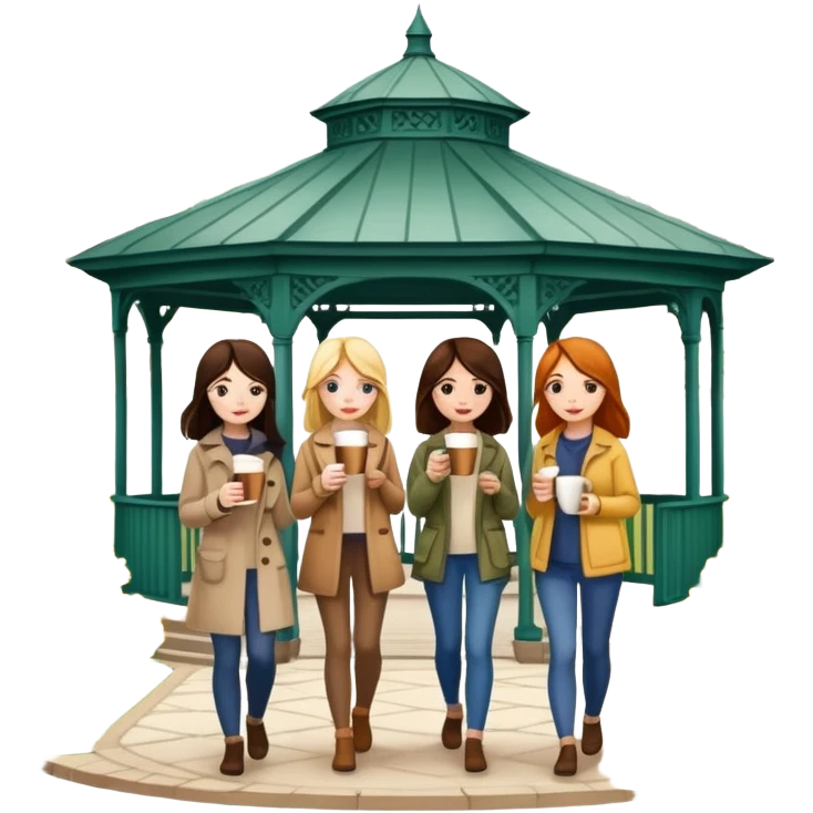  4 Girls walking with coffee by gazebo in early spring  emoji