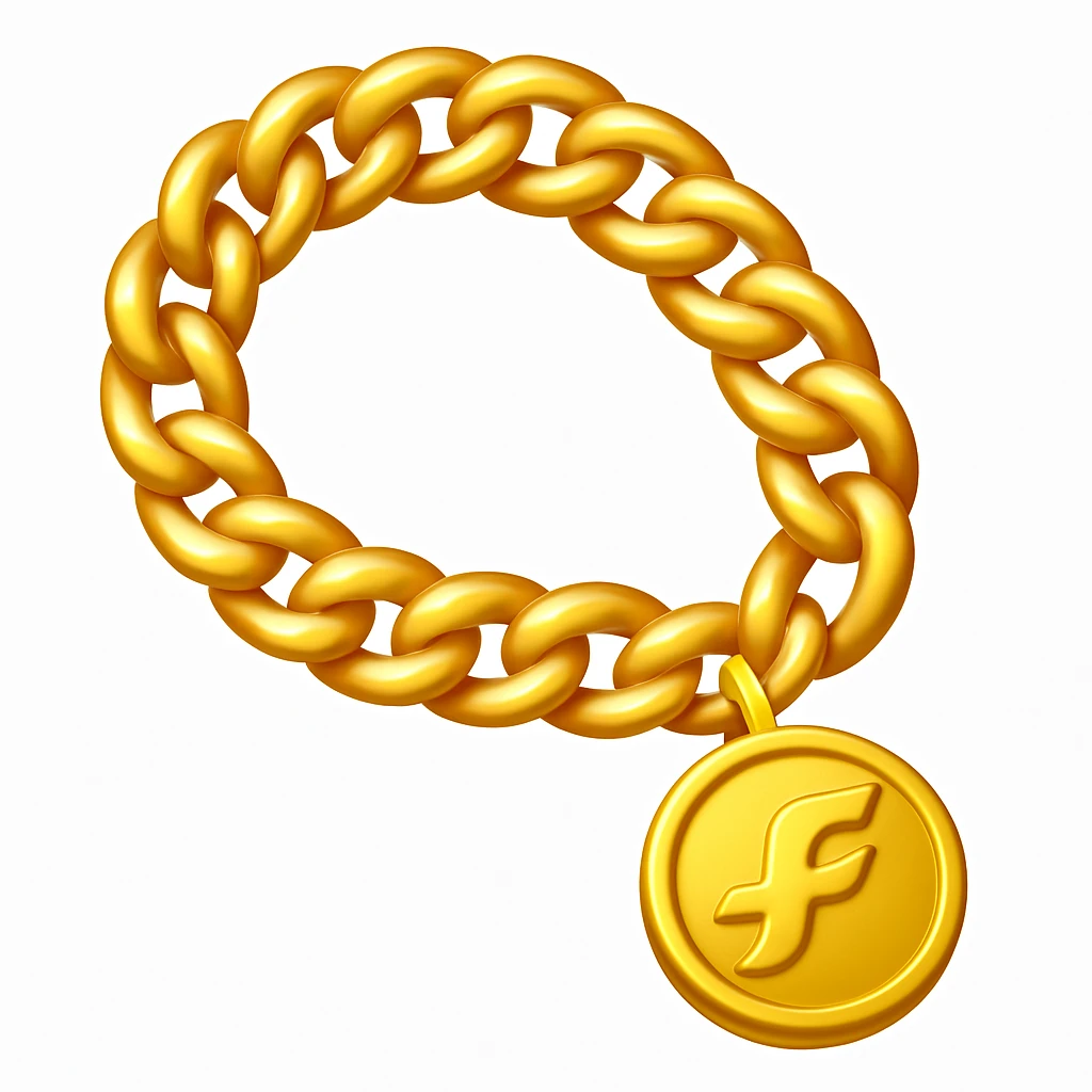 Create a gold chain emoji exactly like the reference image in iOS emoji style. Match the same shape, color, and texture, making it shiny and smooth with a medallion. Add a slight blush to the chain. emoji