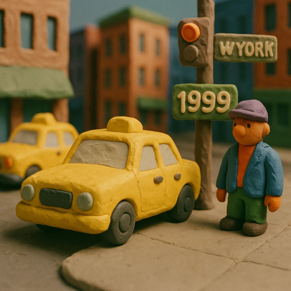 New York street, 1999, with visible fingerprints, cabs, and buildings emoji