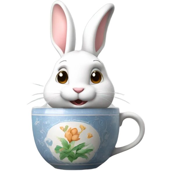 A cute white rabbit sits drinking tea from a beautiful ceramic mug. emoji