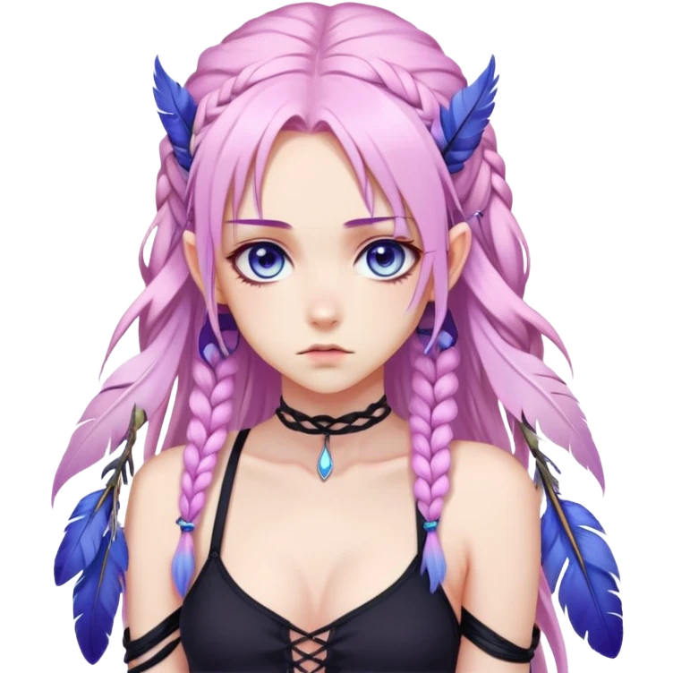 Gorgeous beautiful pretty grumpy anime lady long-pale-whitish-pastel-pink-hair with one braid on each side, hanging purple feather-ear-cuffs with pink tips in hair, black bodysuit, blue eyes, pink iris, ethereal, fashion aesthetic  emoji