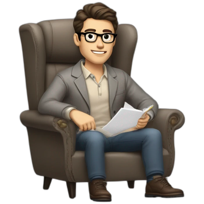 Pale skinned Fit Man With dark brown hair in gray jacket, beige office shirt and vintage glasses sitting In a soft chair with a notebook with emblem Ψ and a pen in his hands emoji