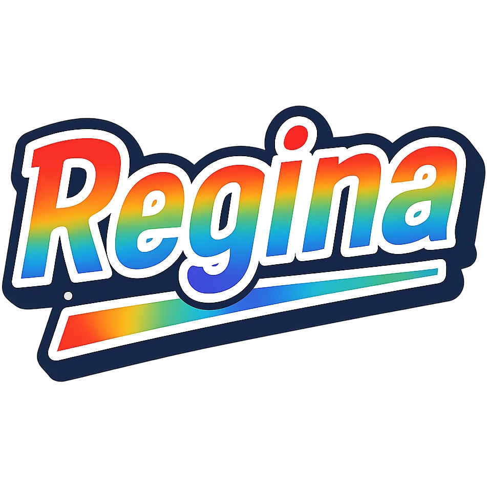 The name 'Regina' in modern, precise Hungarian letters with a rainbow gradient fill, extra thick white letter outline, dark contour, transparent background, dynamic slanted underline, styled like the sample images. emoji