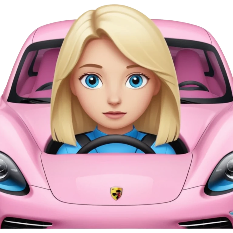 Blonde girl with blue eyes sitting infront of a pink porsche taycan emoji