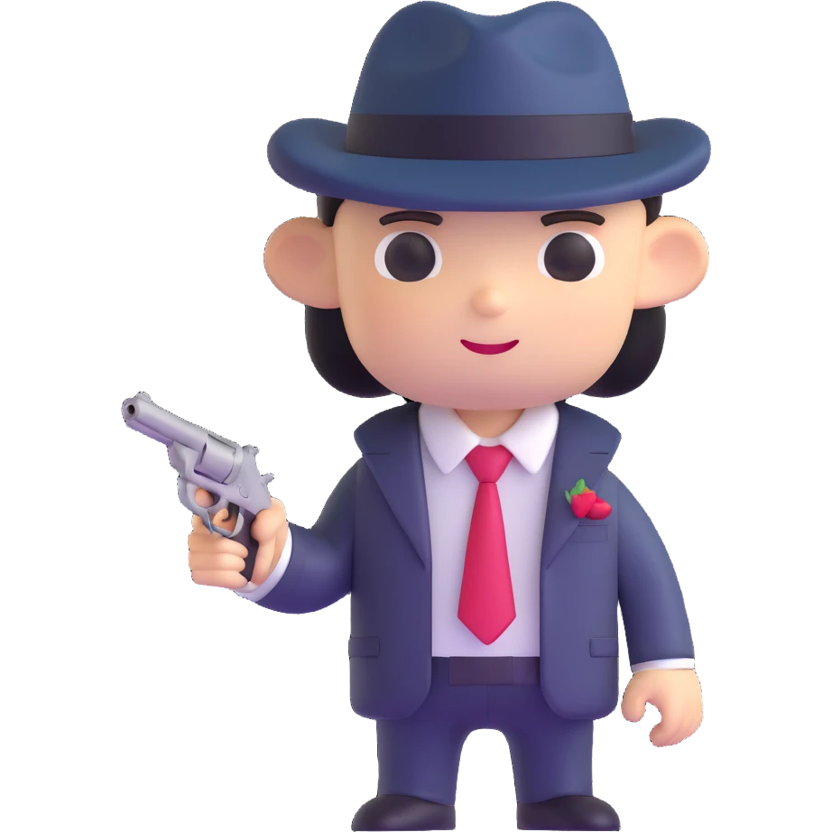 adorable mafia character with suit and tiny gun emoji
