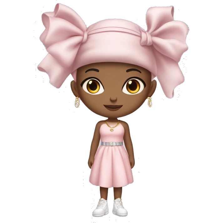 A beautiful fair-skinned girl wearing a cute pastel pink dress, a ribbon on her head, white Jordan shoes, Dior-branded gloves, a large gold necklace, and big silver earrings. emoji