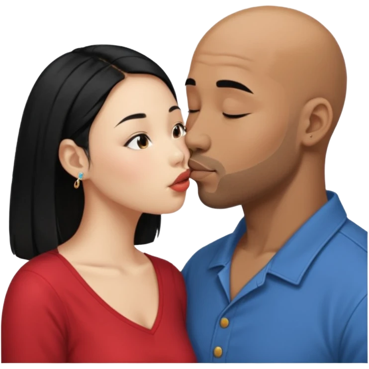 Bald black man with short beard deeply kissing each other. She is a short younger looking asain women. She has long black hair and a nose ring emoji