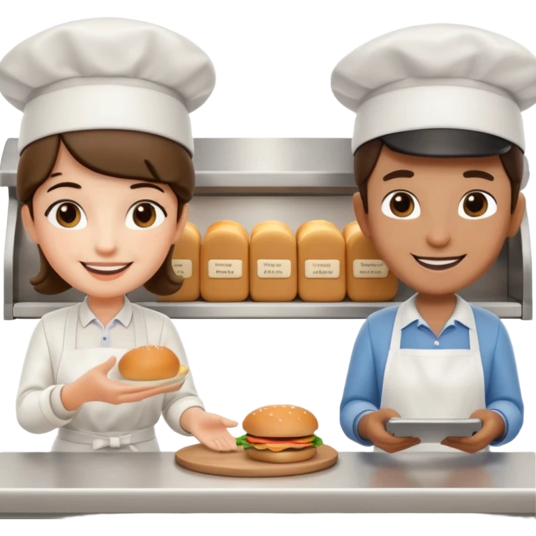 A 3D cartoon deli worker wearing an apron and hat, serving a customer at the counter, friendly smile, Memoji-style. emoji