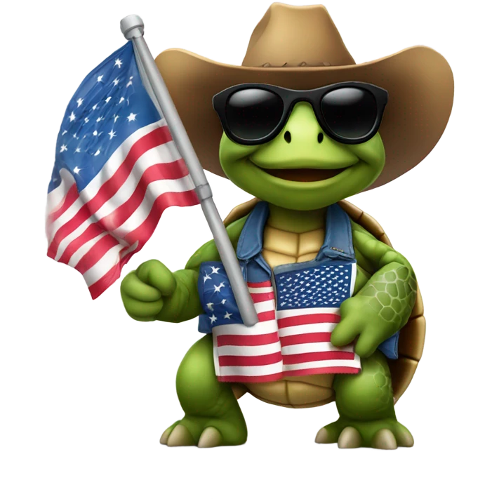Tortoise with sunglasses and cowboy hat carrying American flag emoji