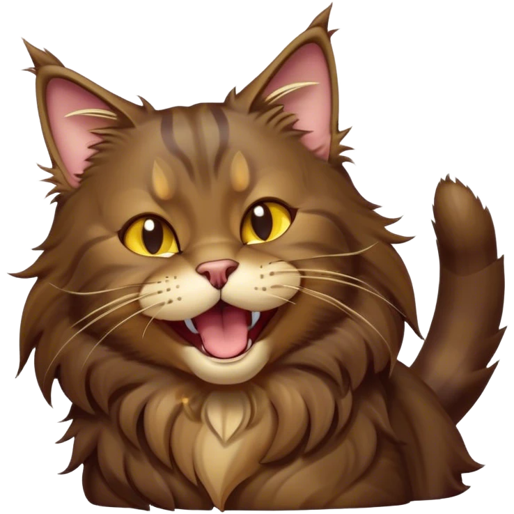 Cinematic Cute Dark Brown Maine Coon Cat Portrait Emoji, Head tilted playfully and yawning, sleek deep brown and gold tones with subtle hints of black, Simplified yet adorable features, highly detailed, glowing with a warm, friendly glow, high shine, curious and affectionate, stylized with a touch of whimsy, bright and alert, soft glowing outline, capturing the essence of a mischievous yet loving kitten, so endearing it feels like it could leap out of the screen and stretch with its fluffy tail swishing! emoji