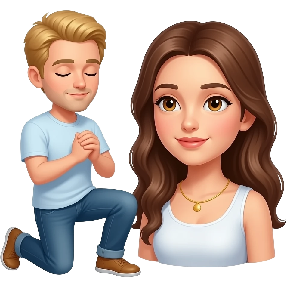 Blonde man with closed eyes kneelong to a brunette goddess emoji