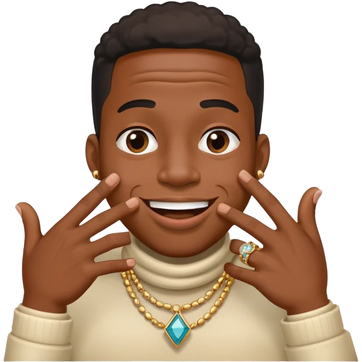 Giggling black man with jewelry covering his mouth with his right hand with one thumb and four fingers only emoji