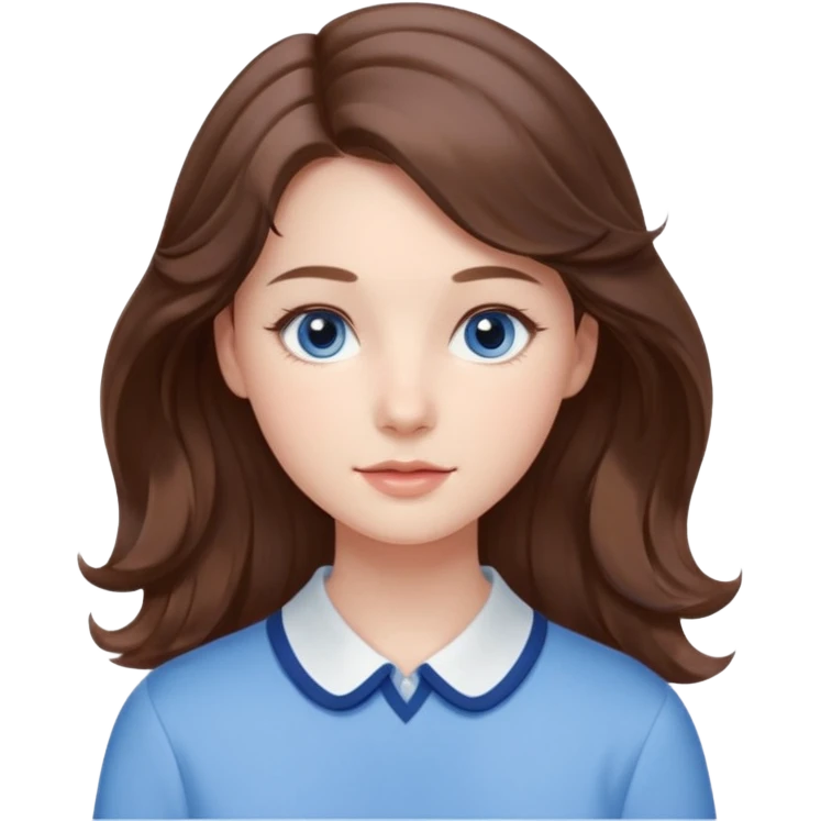 Realistic Student Portrait, with porcelain-like skin featuring a natural rosy flush, illuminated by soft lighting that highlights the gentle contours of her face. Her Brunette hair flows in soft, Her deep blue eyes radiate warmth and innocence,  wear light blue preppy style. emoji