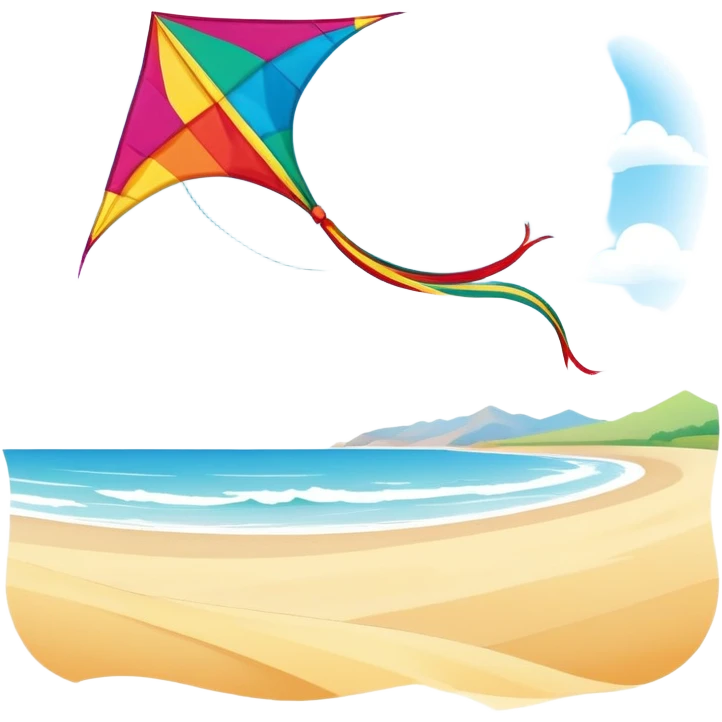 A colorful kite soaring high in the sky on a sunny day, with a long, flowing tail trailing behind. The background features an open field or beach, capturing the joy and freedom of flying kites, with gentle winds and a peaceful atmosphere. emoji